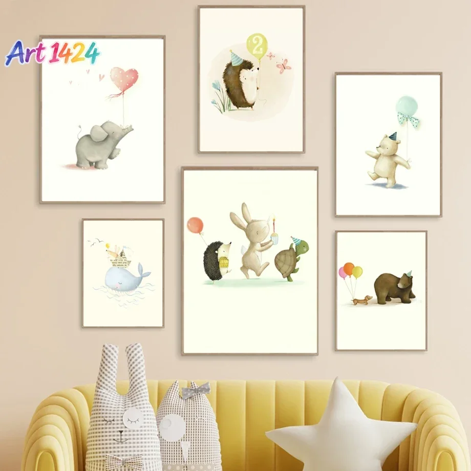 Watercolor Baby Animal Nursery Wall Art Prints Cute Birthday Party Balloons Canvas Posters Kids Room Decor for Toddler Bedroo