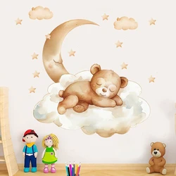 Cute Cartoon Teddy Bear Sleeping on the Moon and Stars Wall Stickers for Kids Bedroom Baby Room Decoration Wall Decals Room