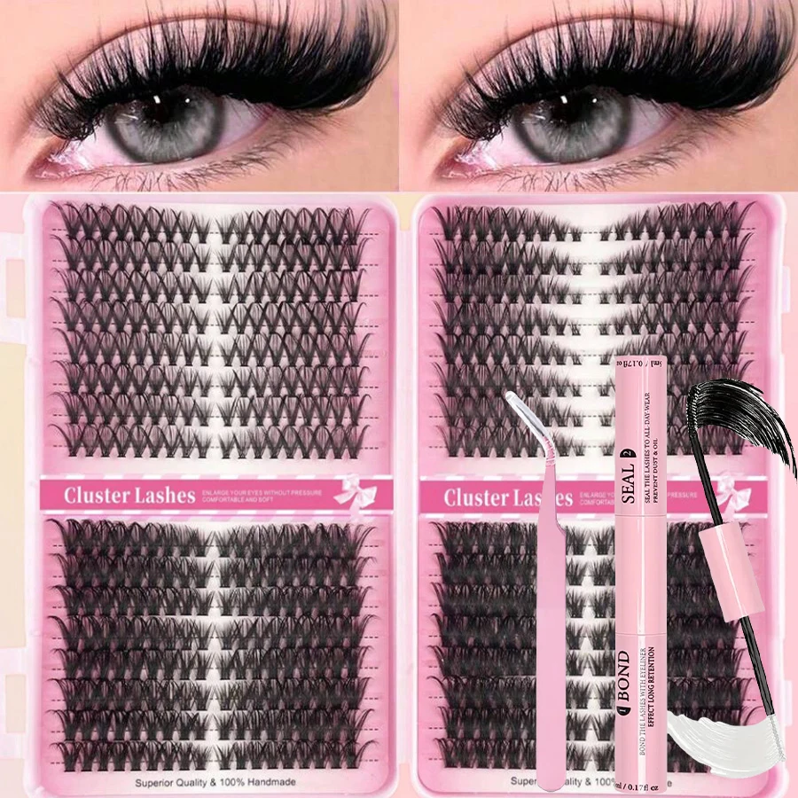 1 caja con un juego de extensiones de pestañas en racimo + pegamento de doble punta + rizador de pestañas especializado, D-roll, 40D+60D+80D+100D roll, 8-16mm, pestañas DIY