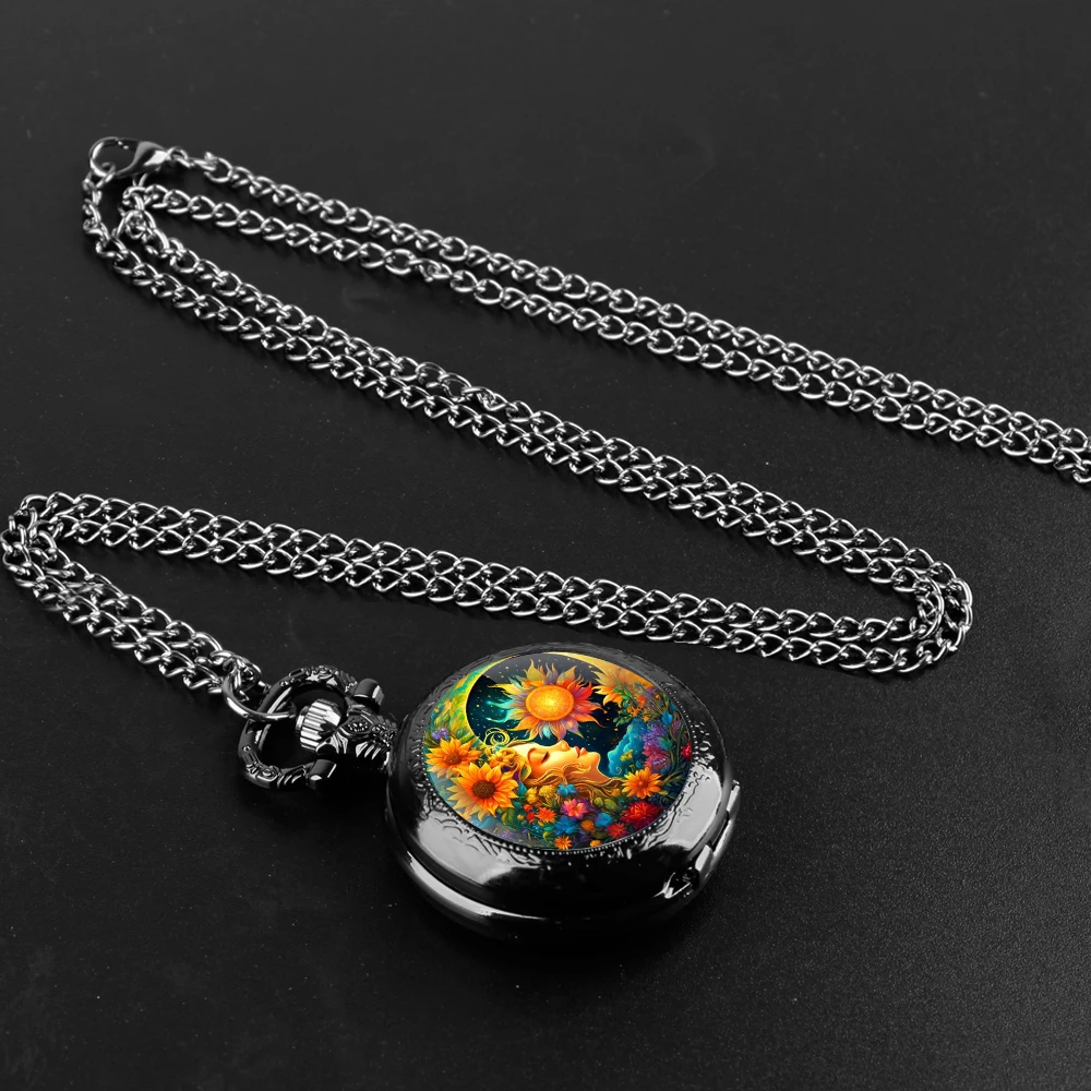 Montre de poche Sun and Moon Goddess Quarzt avec collier JONecklace, montres à pendentif à quartz vintage, horloge pour hommes et femmes