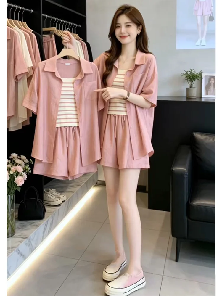 

Dopamine Summer Women's Sun Protection Set Breathable Thin Stripe Tank Top And Shorts Three-Piece Suit Casual Loose Fit High ...