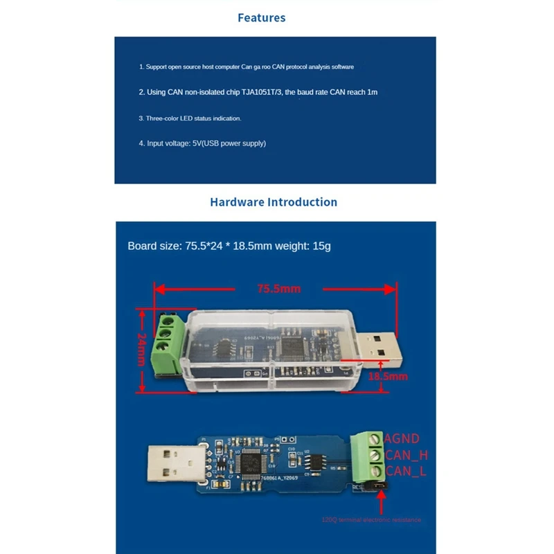 CANable USB to Converter Module CAN Canbus Debugger Analyzer Adapter CANdleLight TJA1051T/3 NonIsolated Version CANABLE