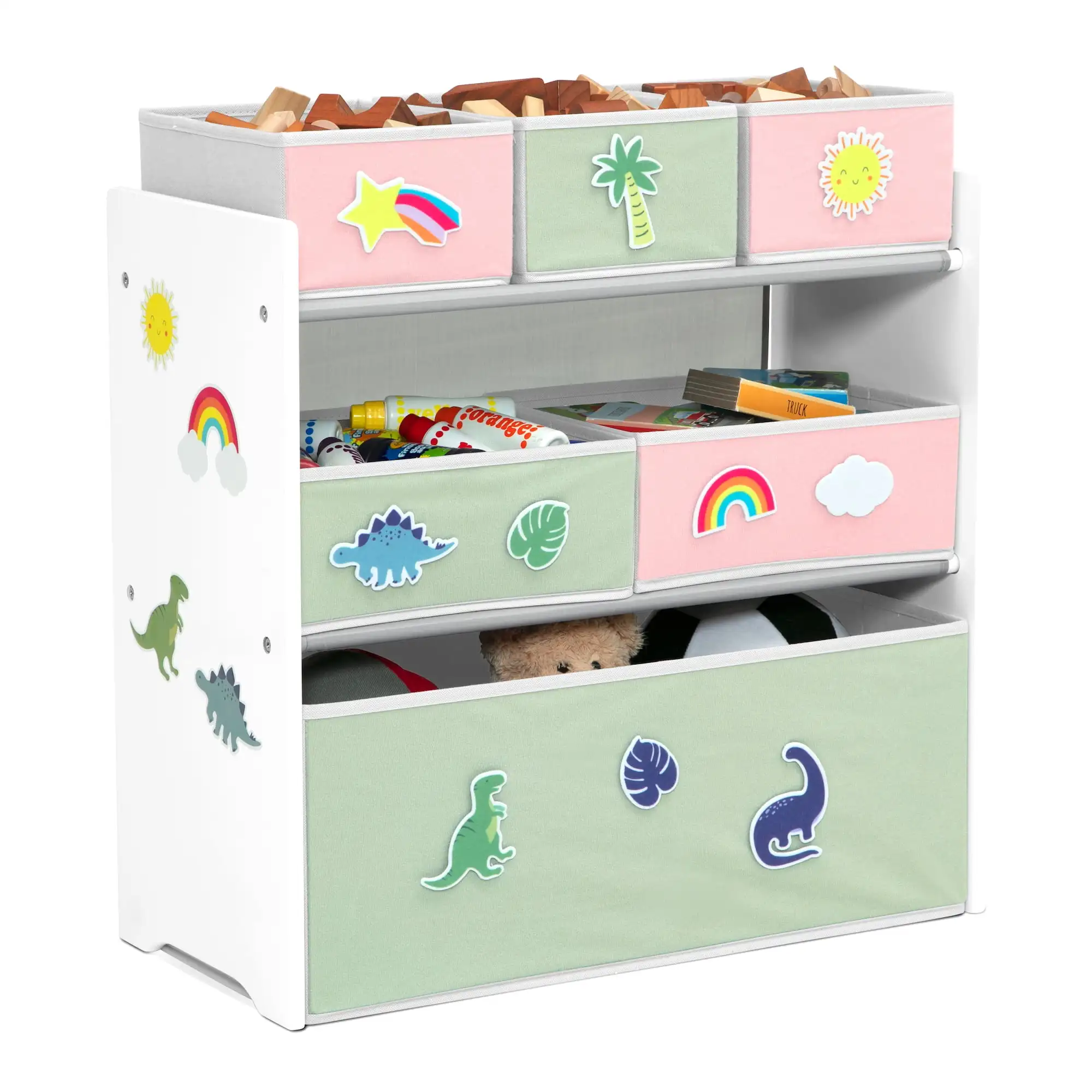 Toy storage organizer featuring interchangeable decorative patches in green and pink color options