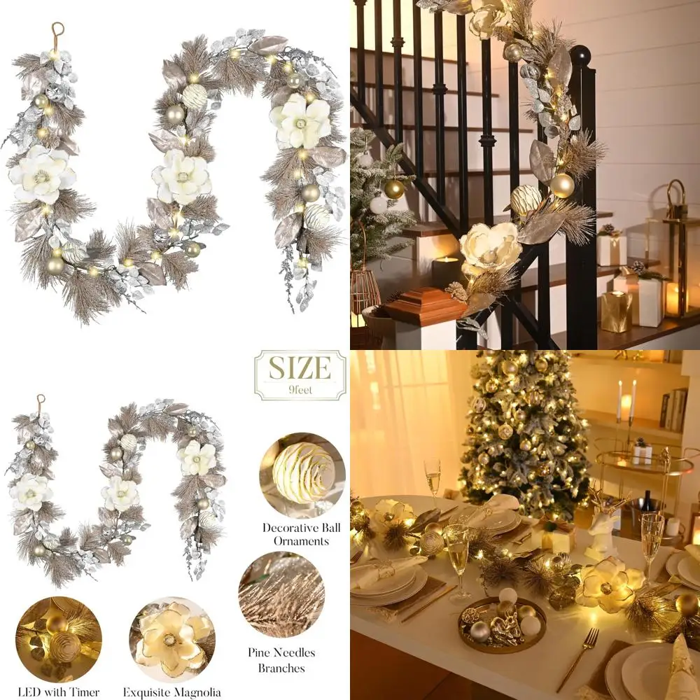 

9-Foot Pre-Lit Christmas Garland with White Gold Balls and Magnificent Lights for Mantle, Outdoor Xmas Decoration with Elegant I
