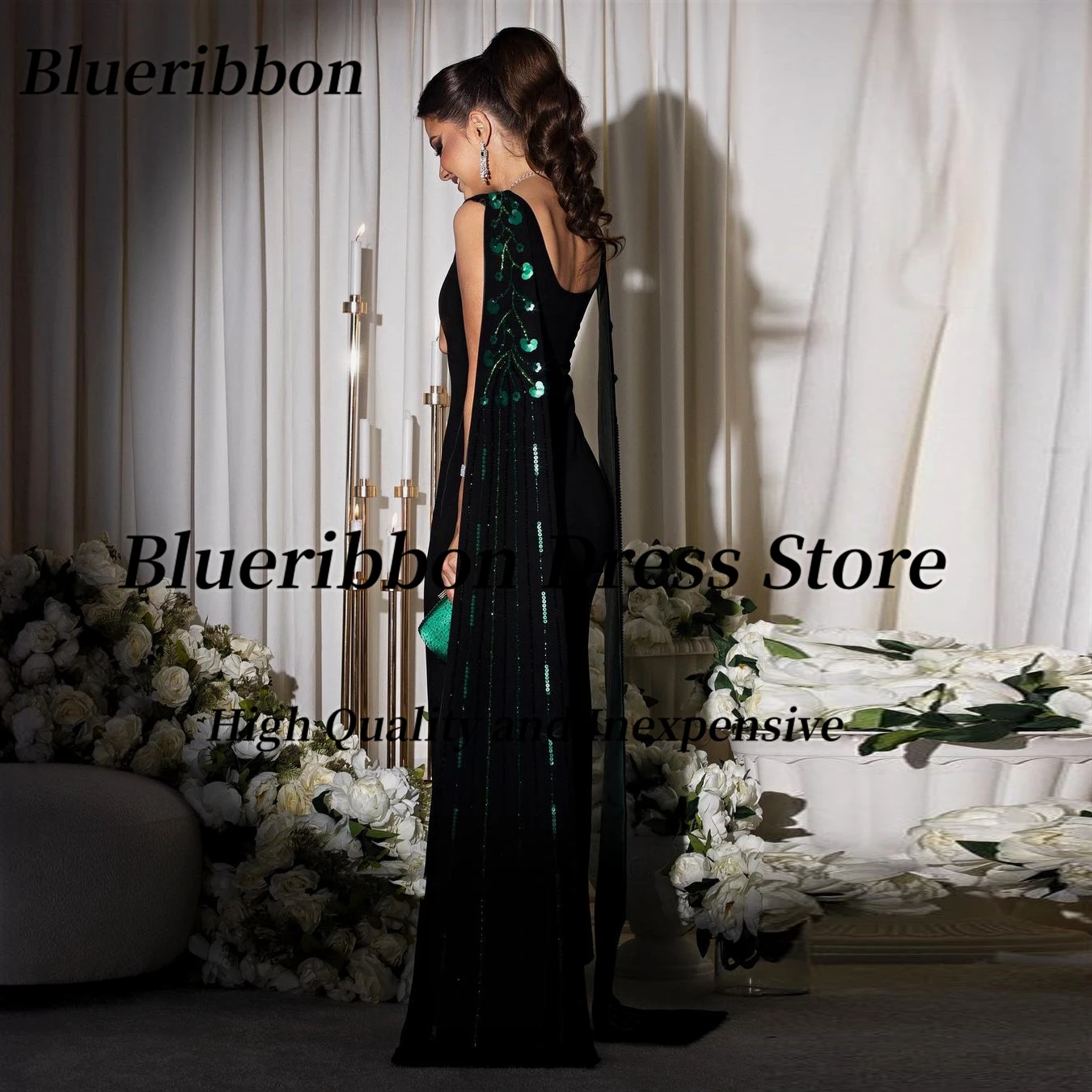 

Blueribbon Crew Neck Prom Dresses Long Mermaid Evening Gown with Beaded Sequins Flutters Pageant Party Ladies Wear Trumpet Dress