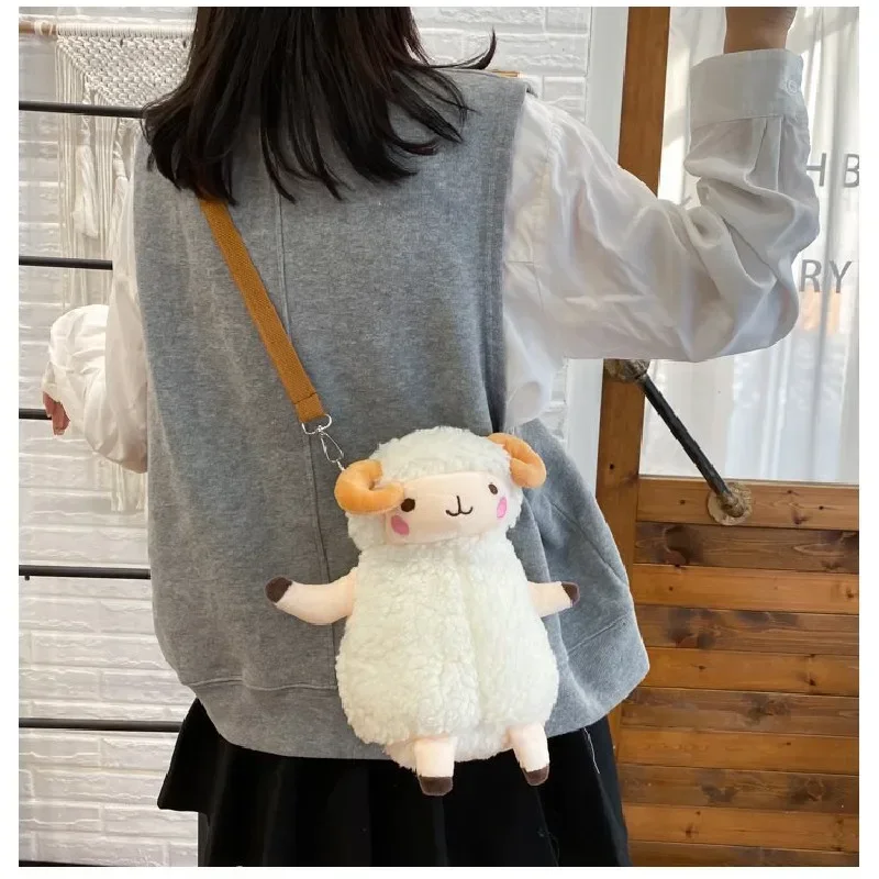 Women Cartoon Handbags Cute Funny Plush Little Sheep Shoulder Bag Girl Doll Messenger Bag Children Korean Bag Birthday Gift