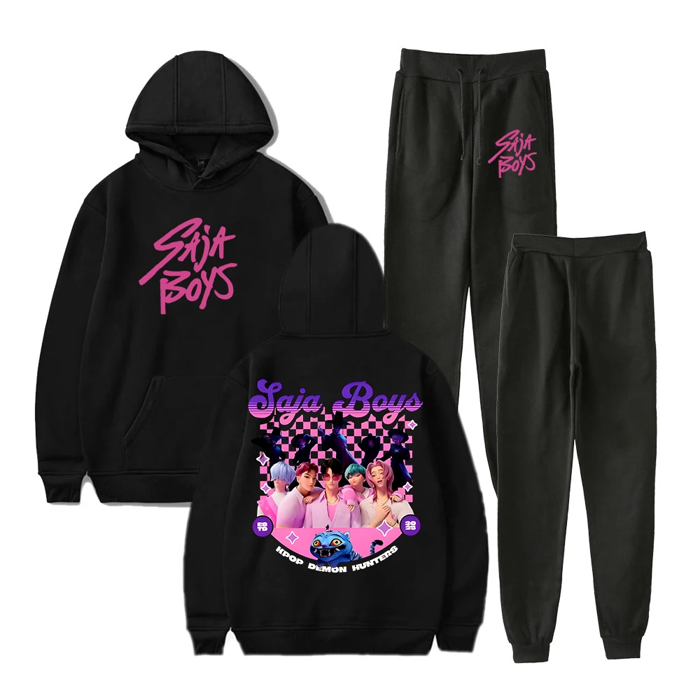 Dibujos animados KPop Demon Hunters Saja Boys Merch sudaderas con capucha Jogger pantalones conjunto de dos piezas sudaderas + pantalones de chándal hombres mujeres conjuntos de trajes