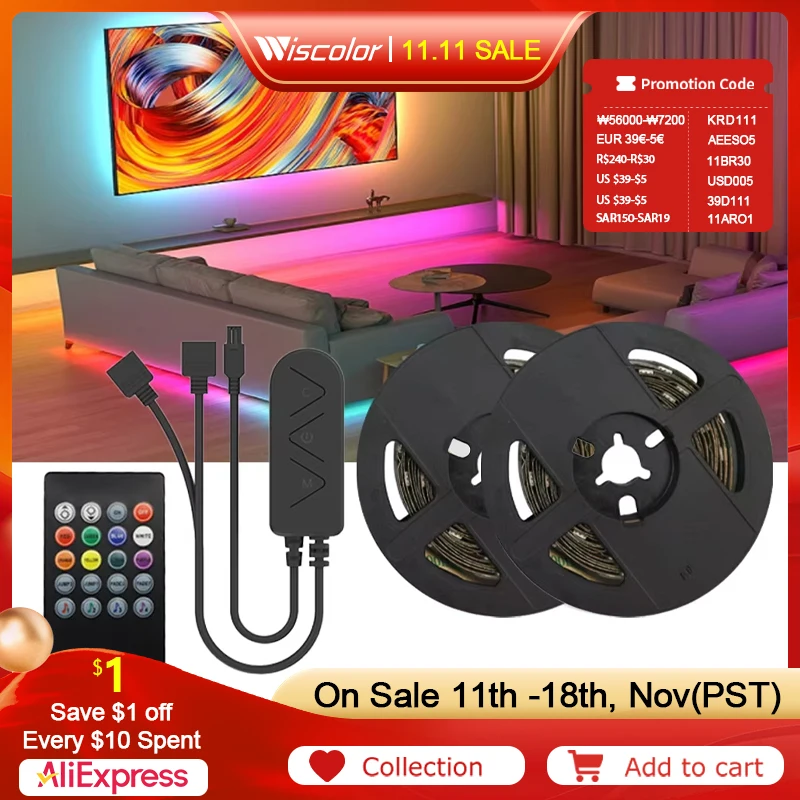 Wiscolor EU-Stecker LED-Leuchtband  RGB 5050 Music Sync Farbwechsel APP Steuerung DC 12V LED Lichter  Flexibles Lampenband  für TV Hintergrundbeleuchtung Raumdekoration  Diode