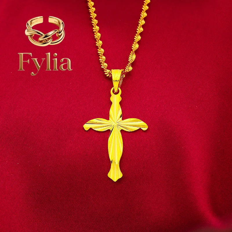 Fylia Jewelry   24K Gold AU999 Cross & Water Wave Necklace Women - Premium gold, cross for protection, wave for softness, fits d