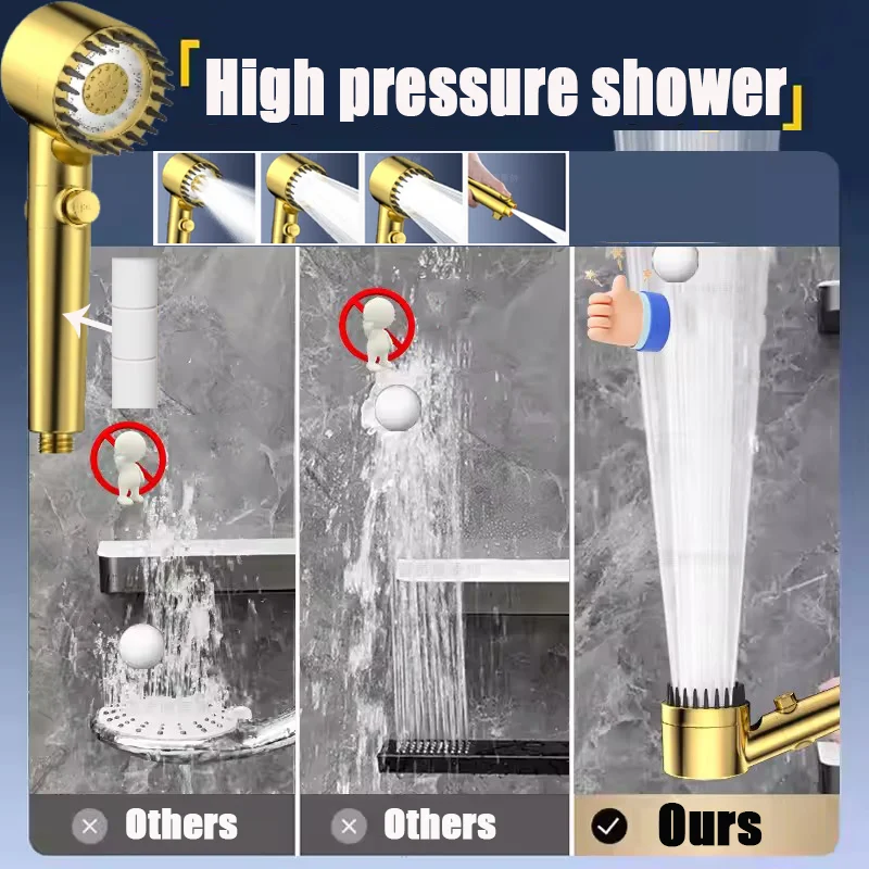 

Усовершенствованная золотая душевая лейка с 4 режимами, фильтром, высоким давлением, большим потоком воды и функцией остановки воды одной кнопкой