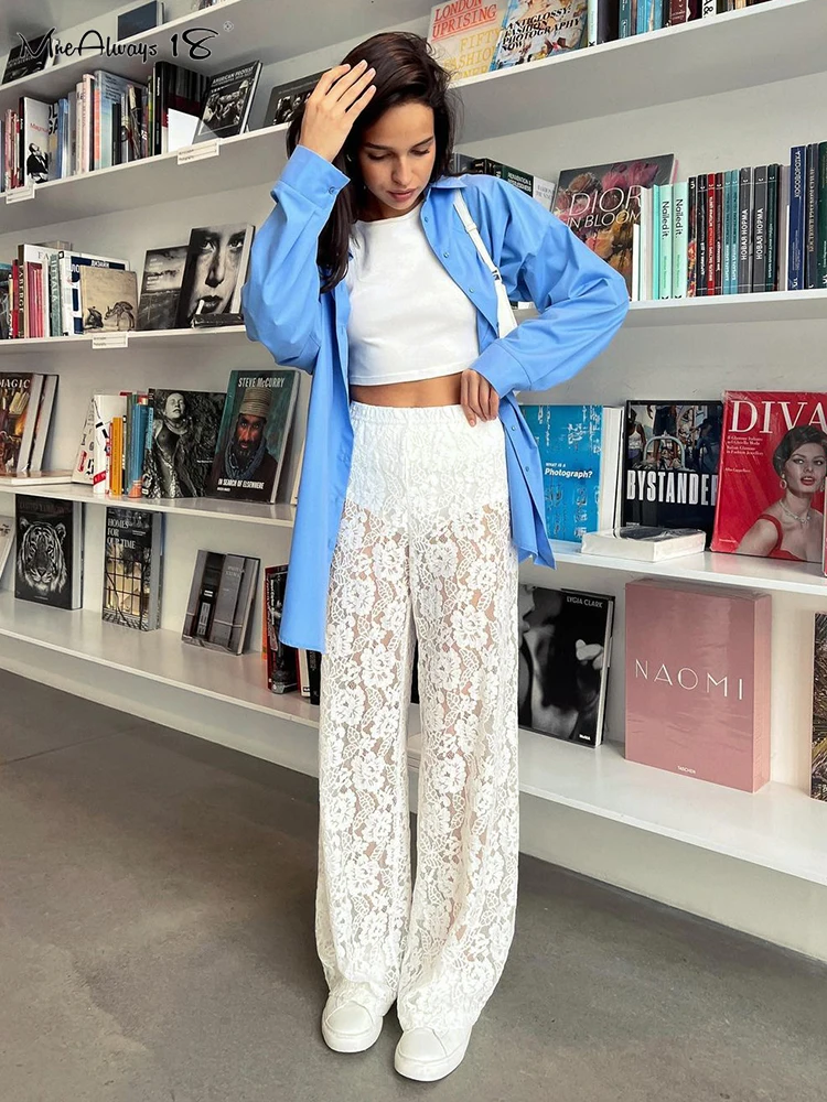 Mnealways18 Sexy Perspective White Wide Legs Pants Summer 2024 Women Vacation Long Trousers Lace Beach Style Female Pants Baggy