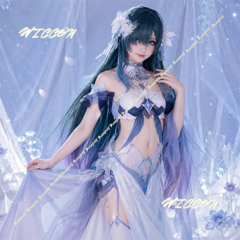 Anime-Spiel Genshin Impact Vodyanitsa Cosplay Dunkelgrünes Langes Haar Lila Innenfarbe Blaue Highlights Modisches Synthetisches Haar Cos