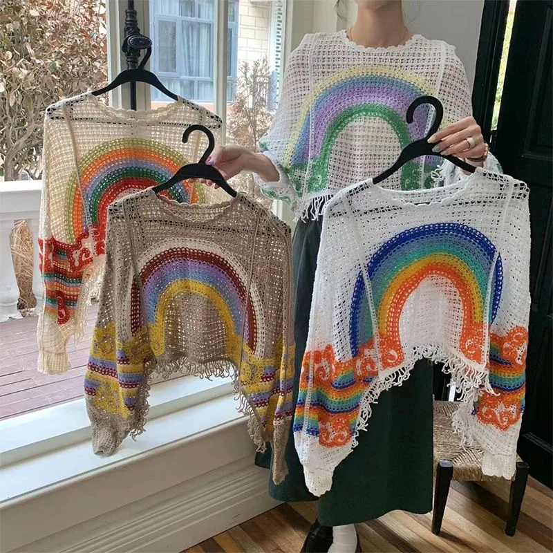 Boring Honey Women Crochet Cardigan Hollow Out Knitwear Tassel Round Neck Loose Top Spring Autumn Layering Shirt Fashion Top