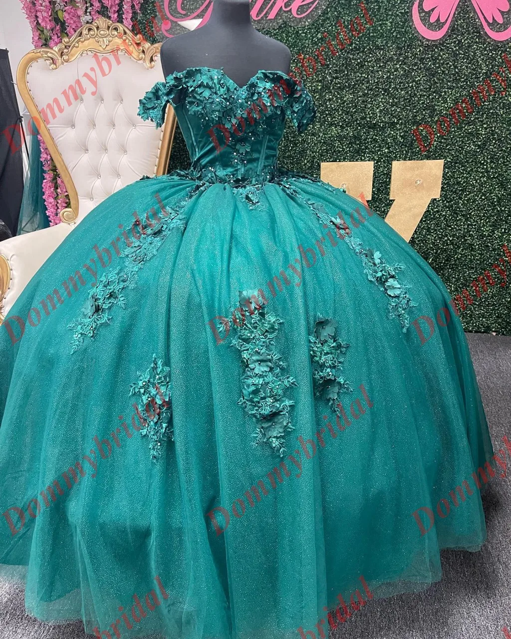 Modern Hunter Green 2023 Ball Gown Cheap Quinceanera Dresses Evening Cocktail Sweet 15 Party Dress 3D Floral Flowers Lace Tulle