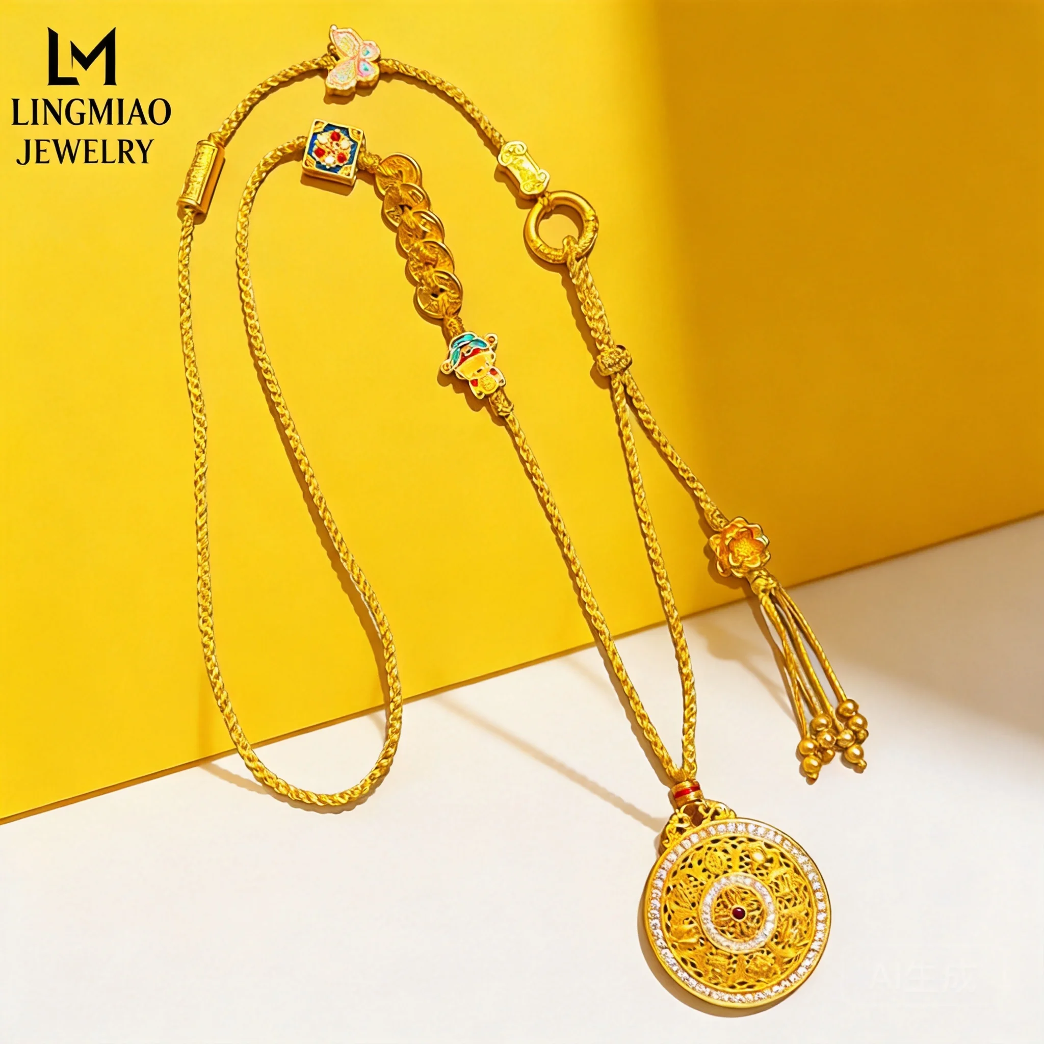 Women's Sweater Necklace 2026 Chinese Style Gold Plated Rhinestone Inlaid Eight Treasures Compass Pendant Vajra Pestle Five Empe