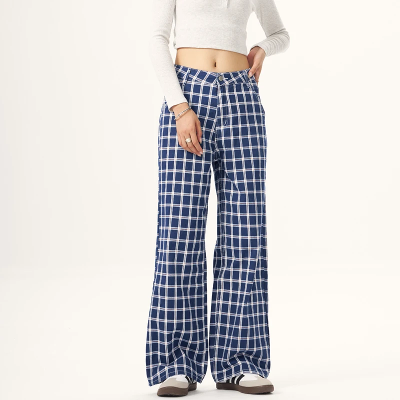 Plaid Printed Jeans Women Graphic Mid Rise Denim Pants Female's Casual Streetwear