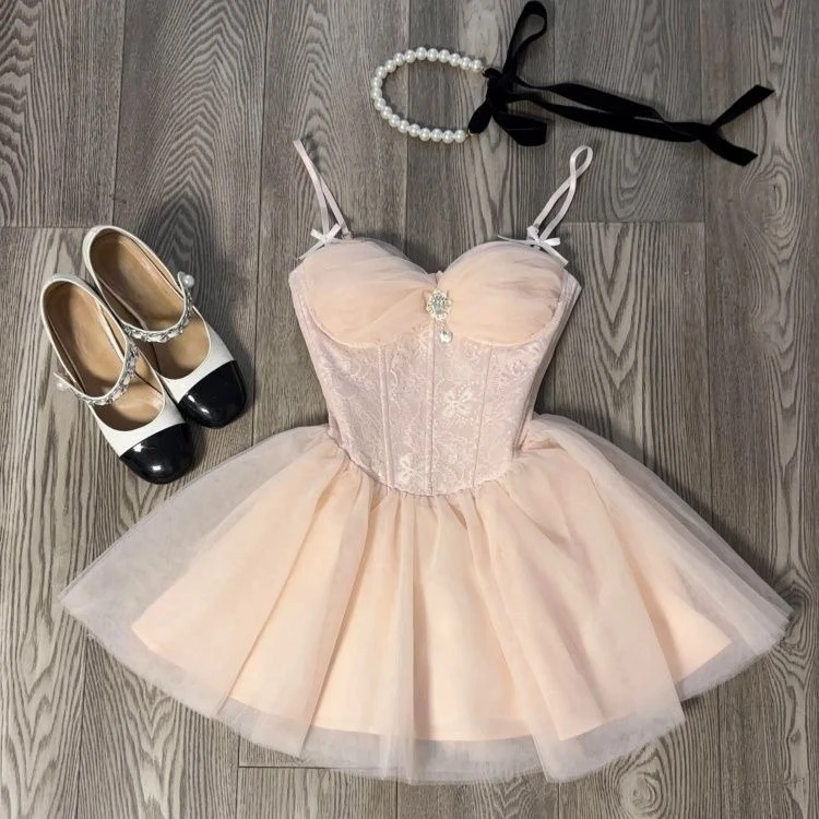 Elegantes französisches Spitzenkleid im süßen Prinzessinnen-Stil, Harajuku Gyaru Y2k Kawaii Kleid, Damen Sommerkleid im 90er-Jahre-Stil