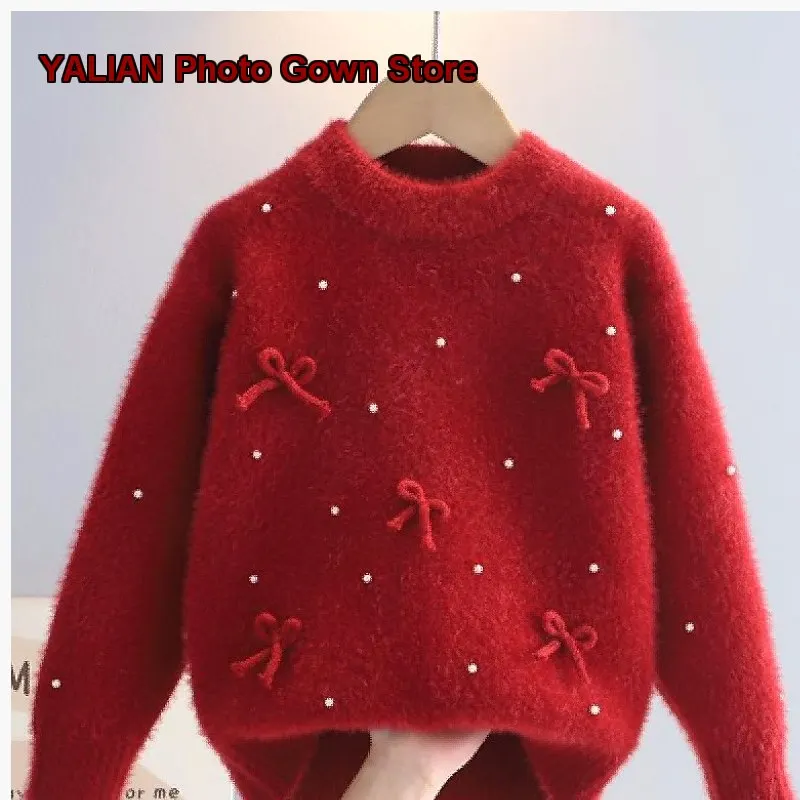 Girls Autumn Winter 2025 Bowknot Chic Knit Base Layer Top Solid Color Kids