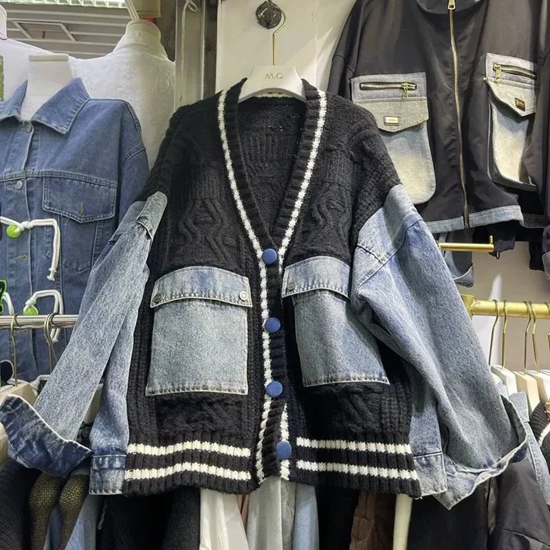 Contrast Denim Outerwears V-Neck Long Sleeve Ropa Mujer 2026 Loose Woman Cardigans Autumn Winter Double Pocket Sweater