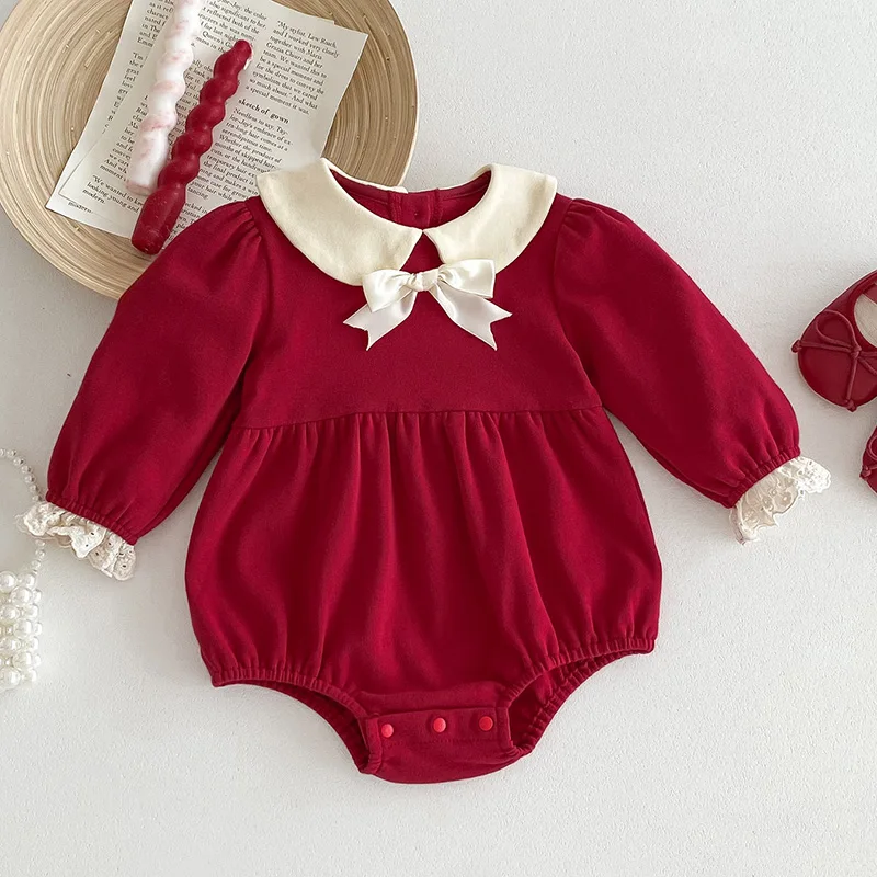 2024 New Spring 0-24M Children Clothes Infant Baby Girls Jumpsuit Long Sleeved Cotton Splicing Newborn Baby Girls Bodysuits