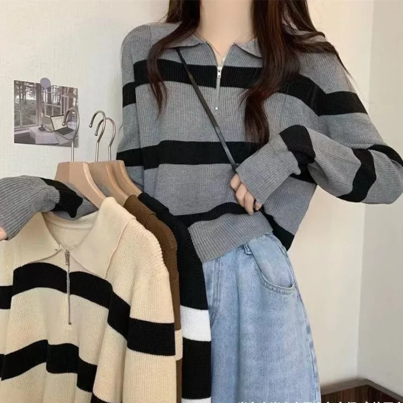 

Sweater Pullover Women Spring And Autumn Kpop Streetwear New Zipper Stripe Print Short Style Pullovers Sweater Female Pull Femme