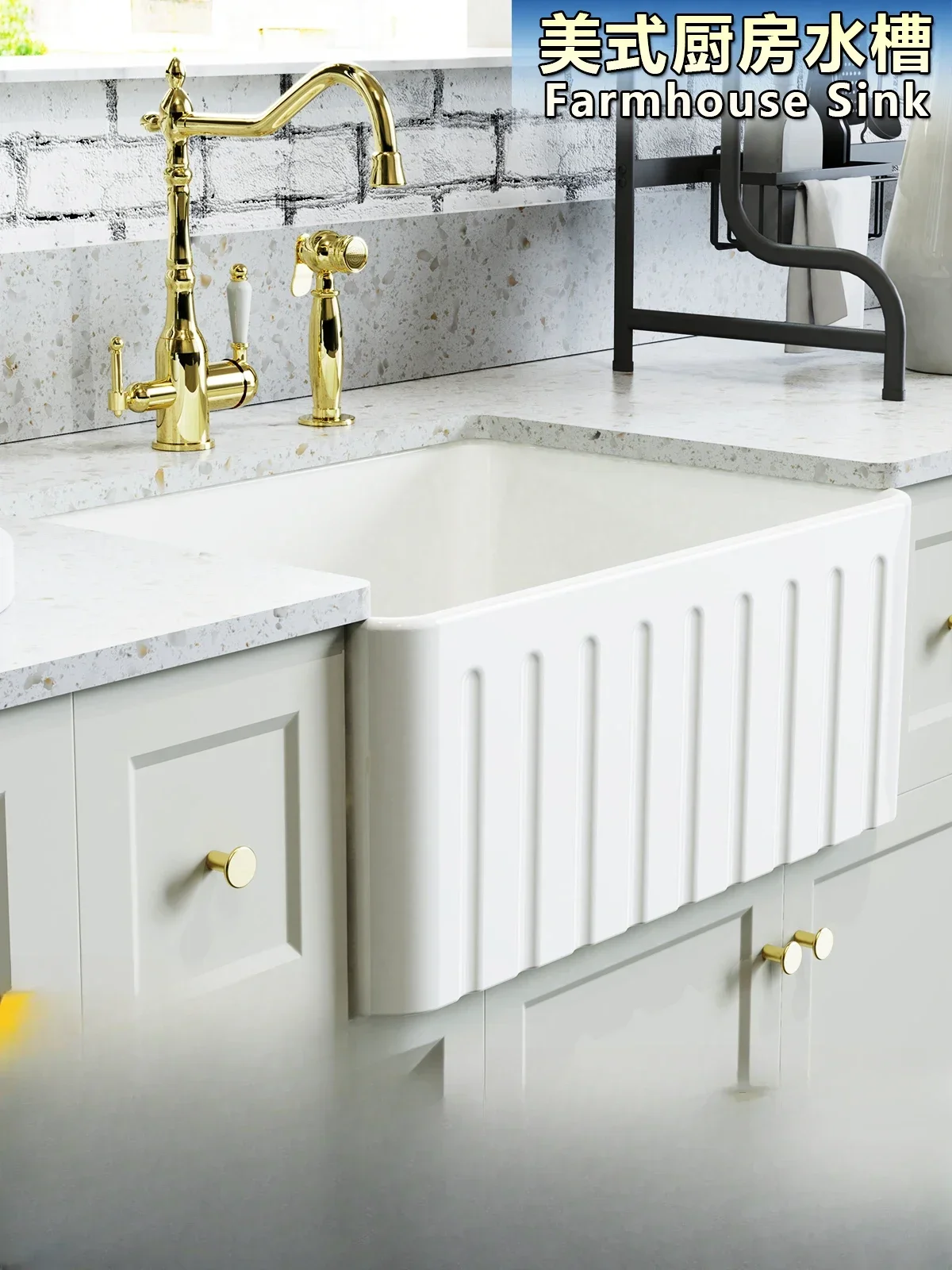 24 inch Fireclay modern farmhouse kitchen ceramic sink, white front semi embedded vegetable wash basin, straight edge