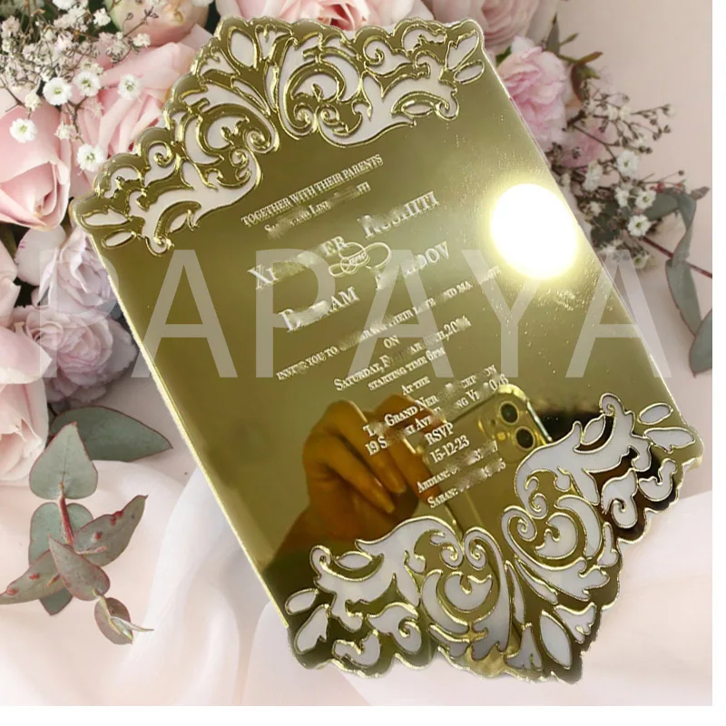 

Custom gold acrylic wedding invitation 5x7 inches one-sided print party invitation menu cards