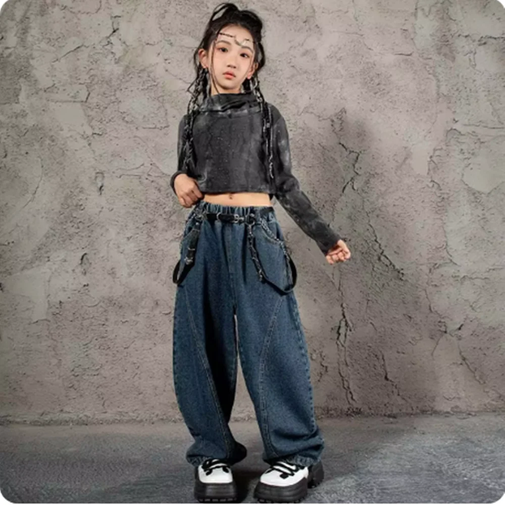 Kinder Jazz Dance Kostüm Grau Tops Lose Hosen Mädchen Kpop Bühne Outfit Kinder Hip Hop Kleidung Street Dance Bühne Kostüm yj114