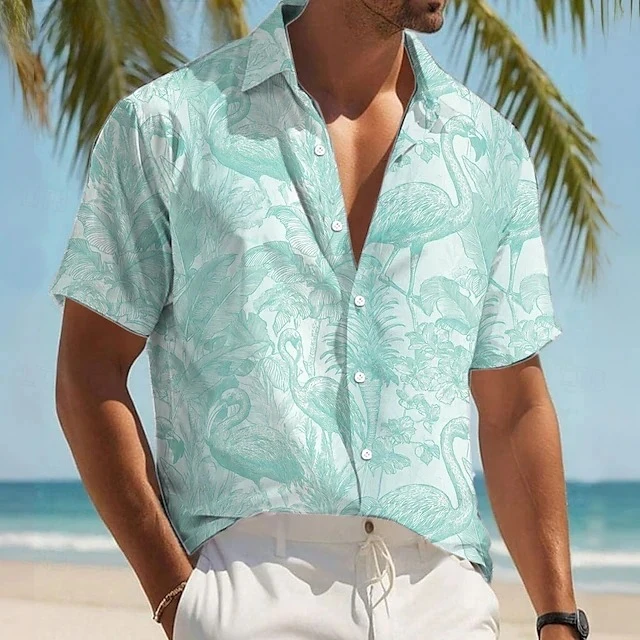 Hawaiian Shirt 3D Printed Flamingo Pattern Men's Retro Vacation Street Short Sleeved Palm Tree Shirt