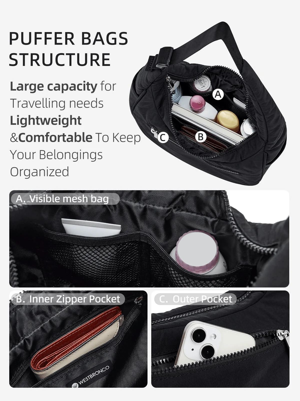 محفظة صغيرة منتفخة على شكل هلال للنساء، حقيبة كتف مبطنة من النايلون مع حزام قابل للتعديل، حقائب يد ومحافظ منتفخة