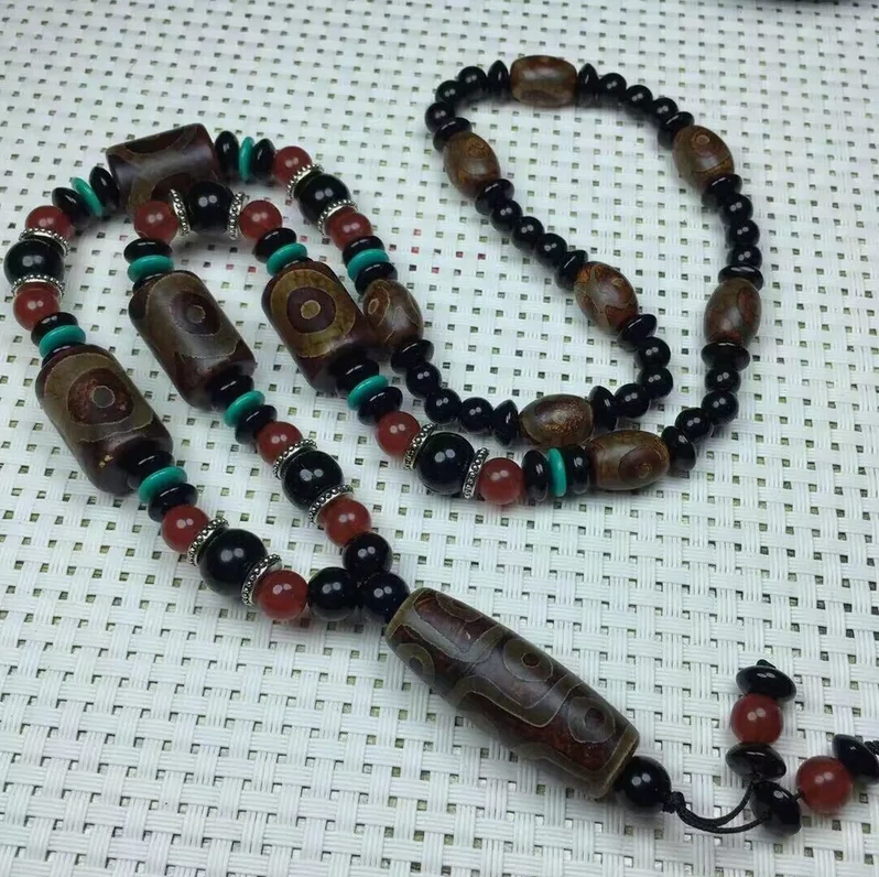 Tibetan Natural Old Patina Agate Dzi *9 eyes * Beads Necklace M3084