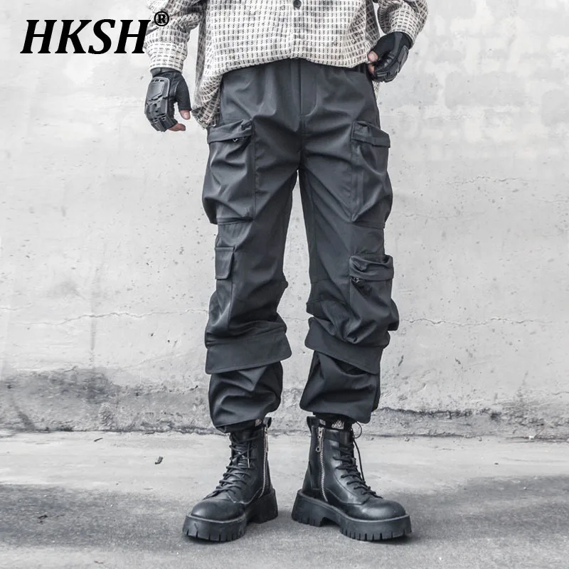 

HKSH Men's Tide Tactical Niche Design Trendy Brand Multi Pocket Safari Style Straight Cargo Pants Dark Chic Dark Overalls HK2361