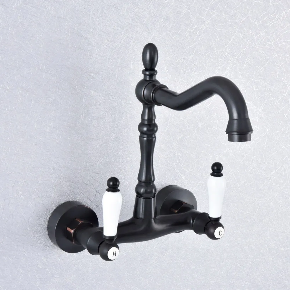 Black Oil Rubbed Brass Dual Handle Double Hole Wall Mount Wash Basin Faucet Swivel Spout Kitchen Bathroom Sink Mixer Tap Dsf756