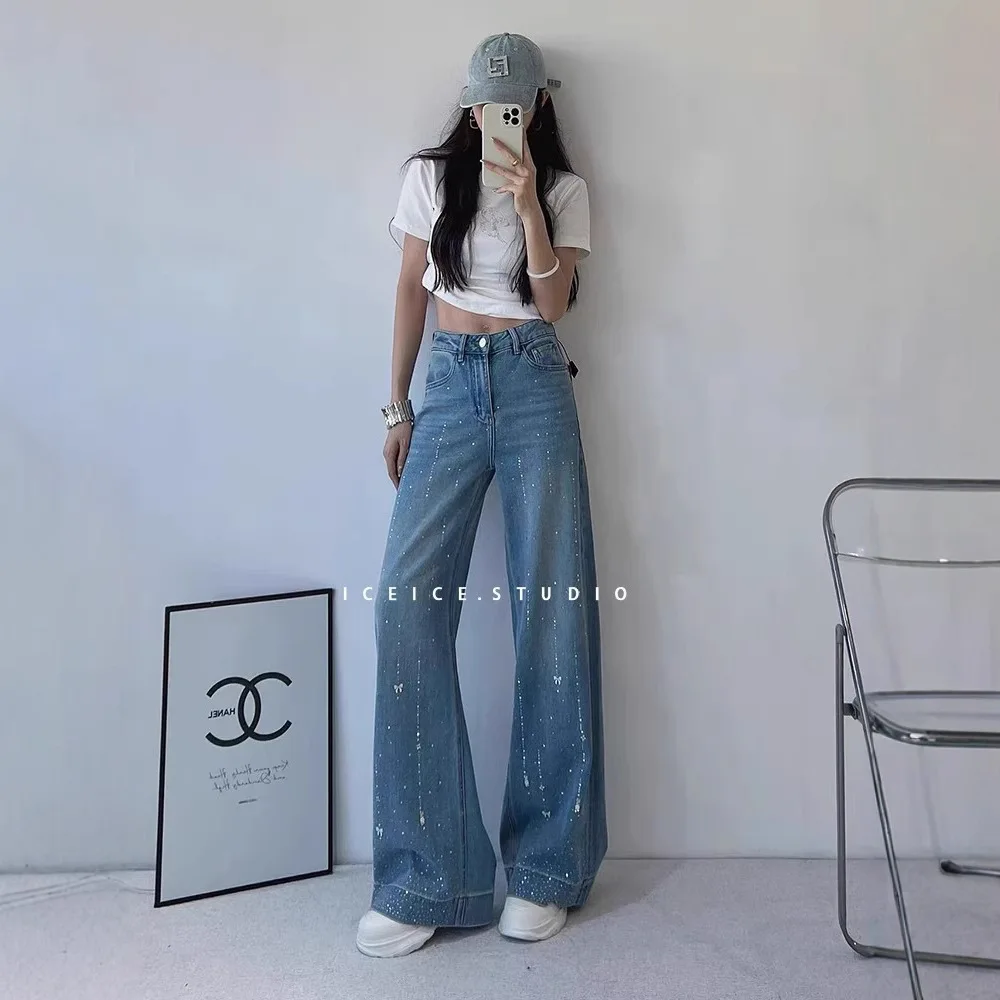 

2025 Early Spring New High-Waisted Wide-Leg Meteor Hot Drilled Bowknot Straight-Leg Jeans For Women Versatile Long Pants
