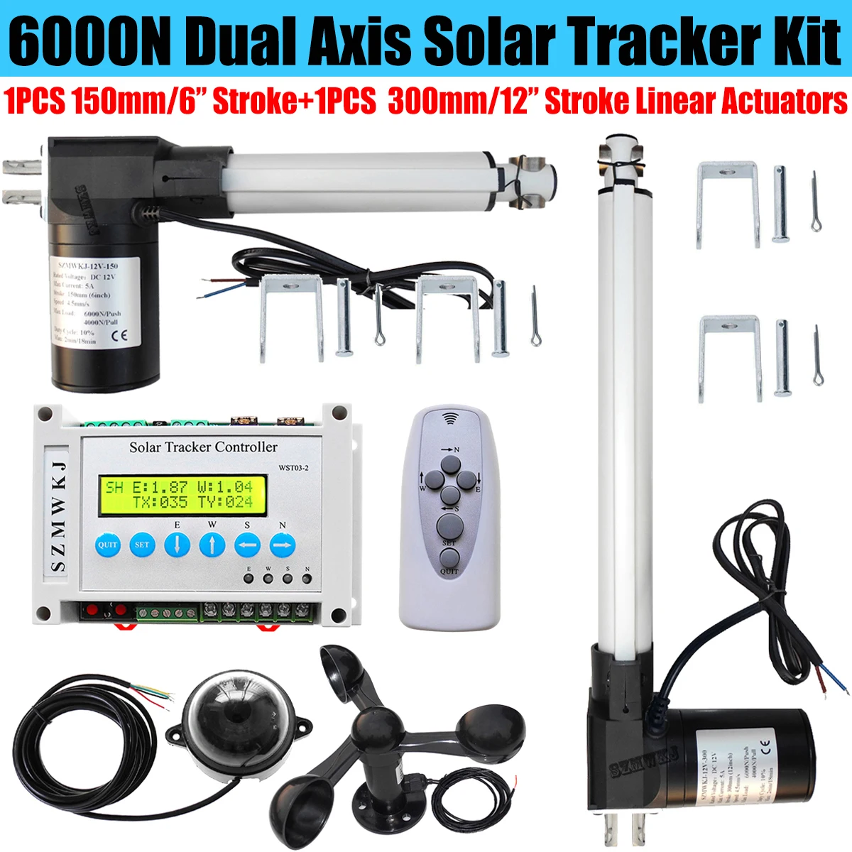 Dual Axis Solar Panel Tracking Solar Tracker 6000N Linear Actuator DC Motor LCD Controller Wind Sensor Anemometer Complete Kits