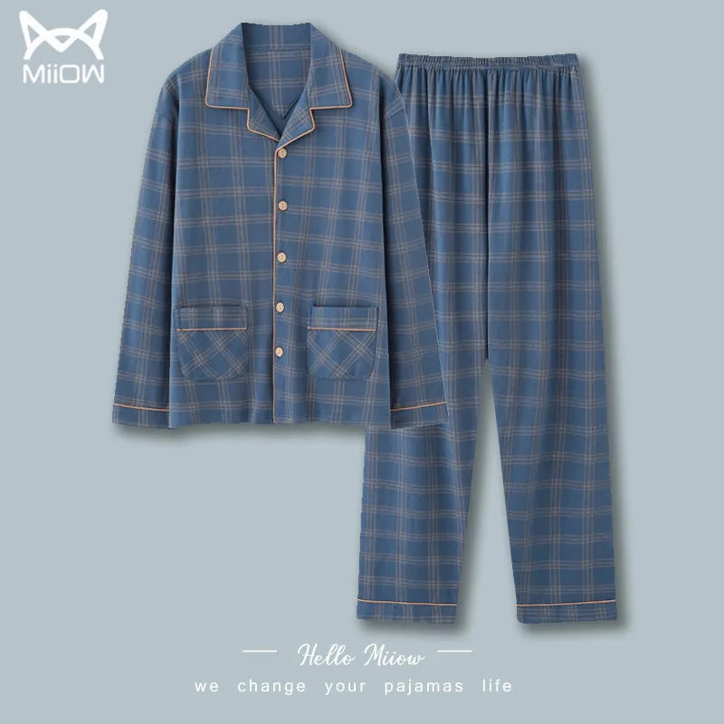 Men's Pure Cotton Sleepwear Long Sleeve Thin Plaid Casual Home Clothes Set Large Size Outdoor Wearable Comfortable Nightgown