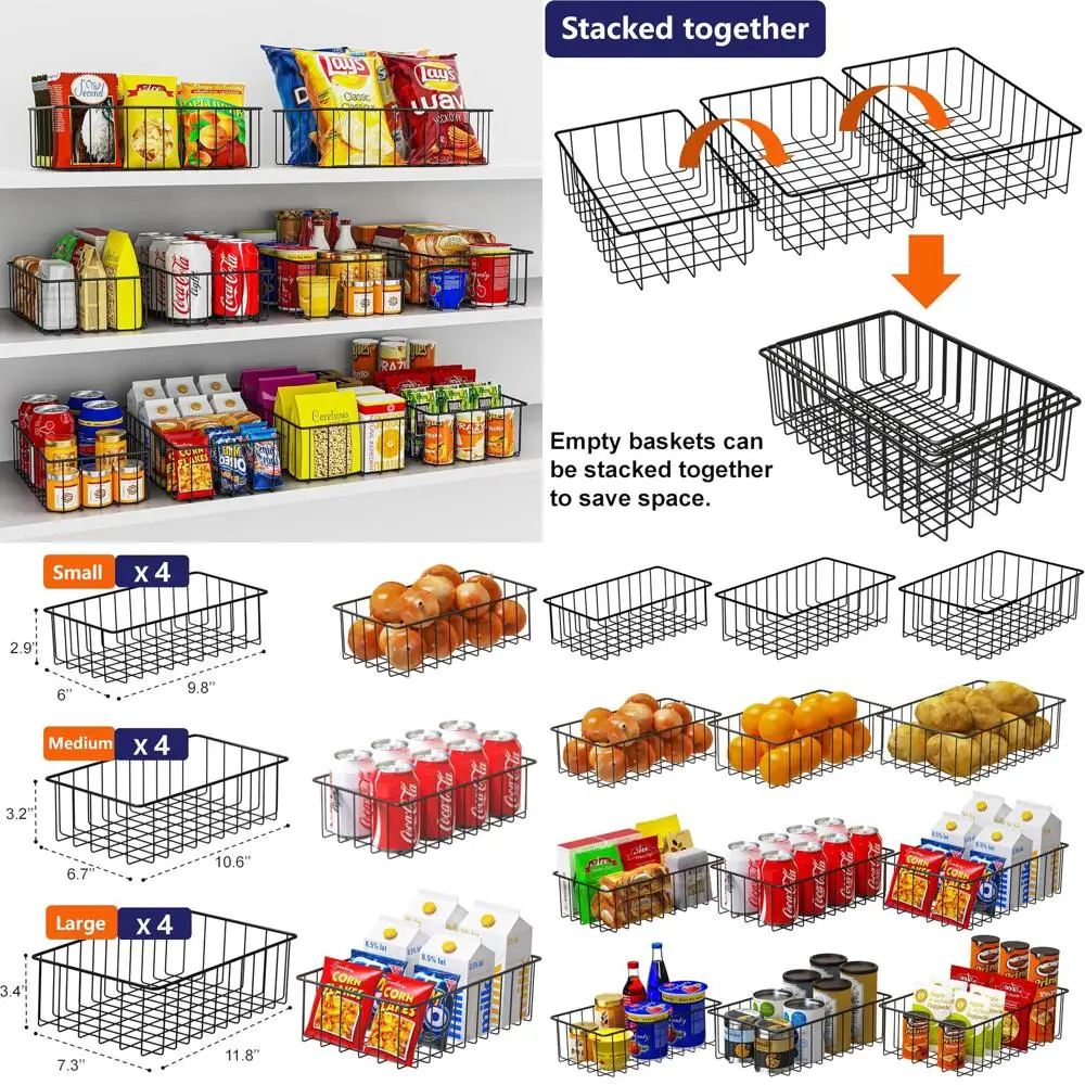 

Set of 12 Small Wire Storage Baskets for Pantry and Cabinet Organization, Metal Kitchen and Bathroom Organizers in Black