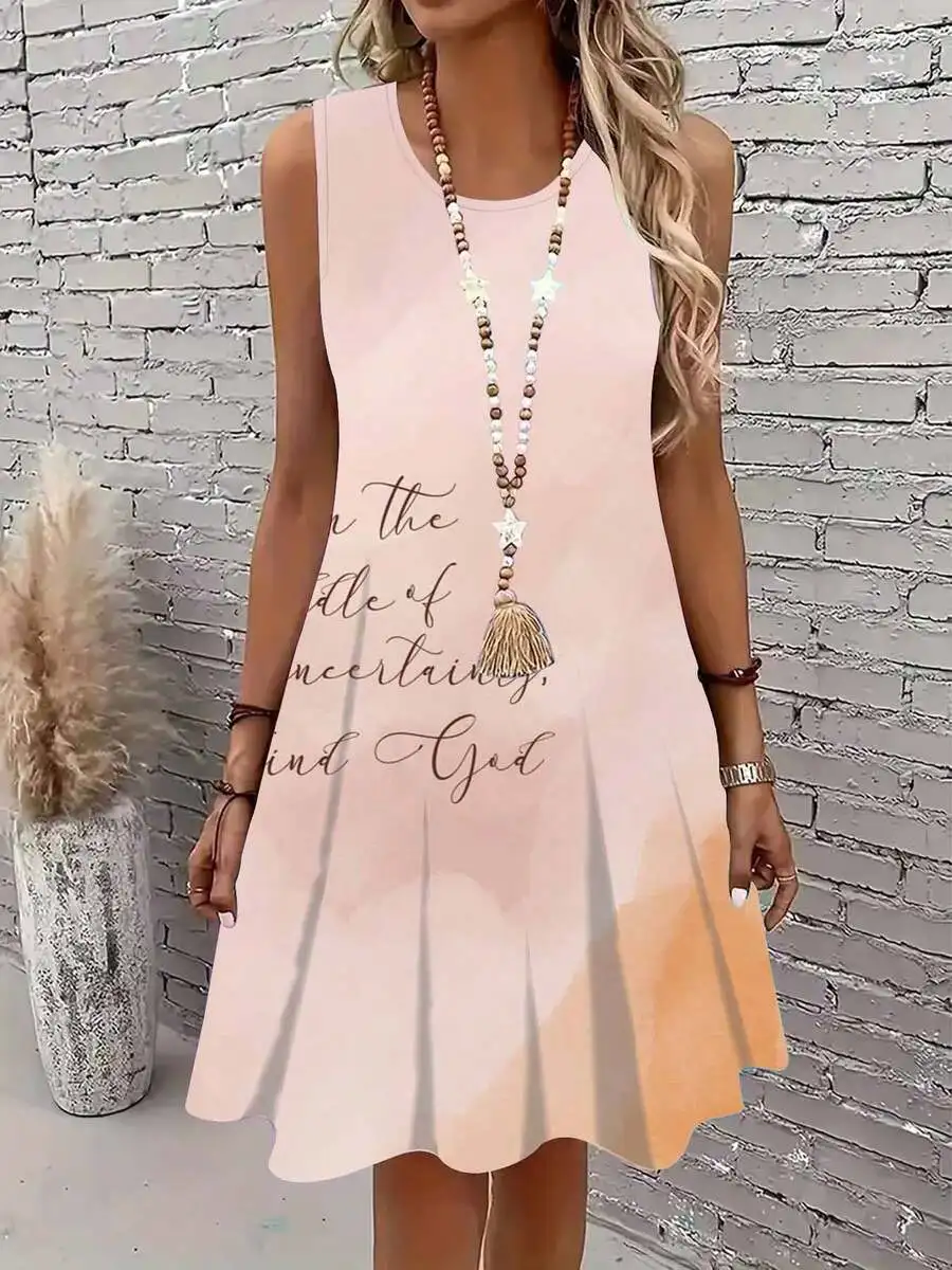

Pink Sleeveless Dress With Inspirational Quote And Gradient Design For Casual Wear