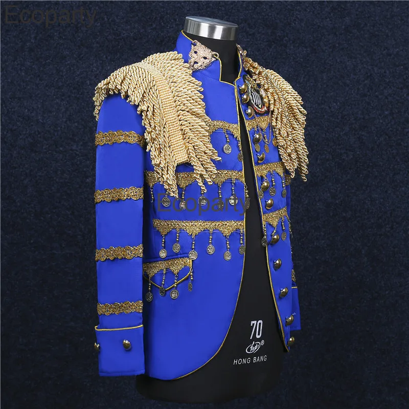 Mens Medieval Luxury Noble Prince Costume Spanish Bullfighter Clothes Metal Tassel Cardigan Jacket Singer Stage Performance Coat