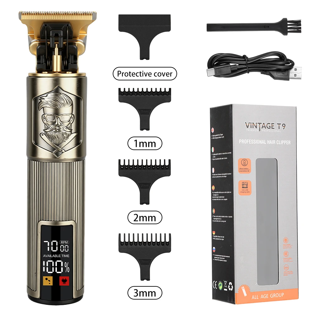 

Vintage T9 LCD Hair Trimmer USB Rechargeable Cordless Barber Clipper with 1/2/3mm Limit Combs for Men Beard Cut