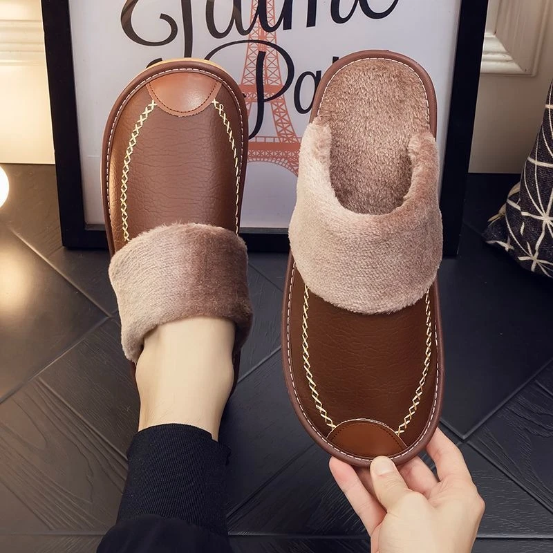 New Winter PU Leather Cotton Slippers Men Women Indoor Anti-Slip Warm Plush Flat Thick Sole House Fuzzy Bedroom Home Shoes