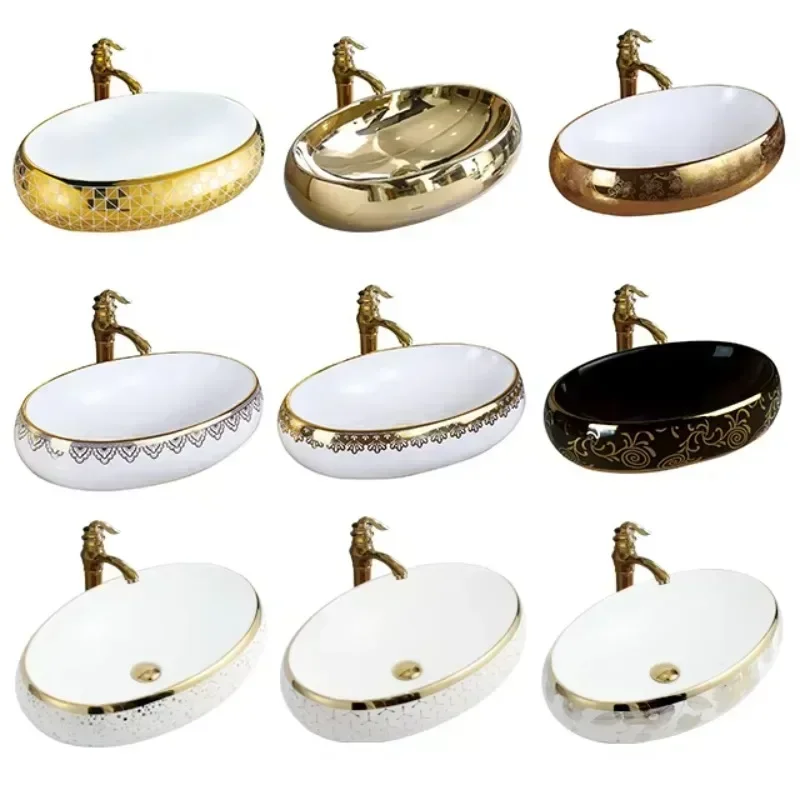 Luxury Ceramic Art Oval Wastafel Bathroom Countertop Basin Royal Gold Wash Basin Sinks