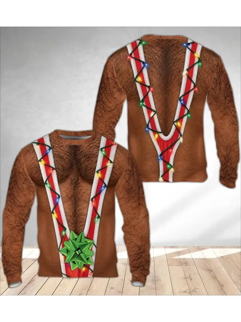 Funny Ugly Christmas Sweatshirt Unisex 3D Fake Santa Body Print Long Sleeve Pullover Novelty Xmas Light ugly sweater Top
