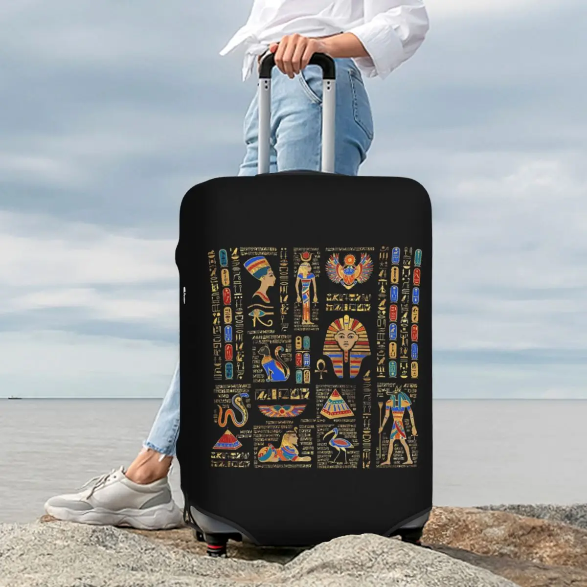 

Egyptian Hieroglyphs And Deities Suitcase Cover Protection Elastic Trip Luggage Protector Covers for 18-32 Inch