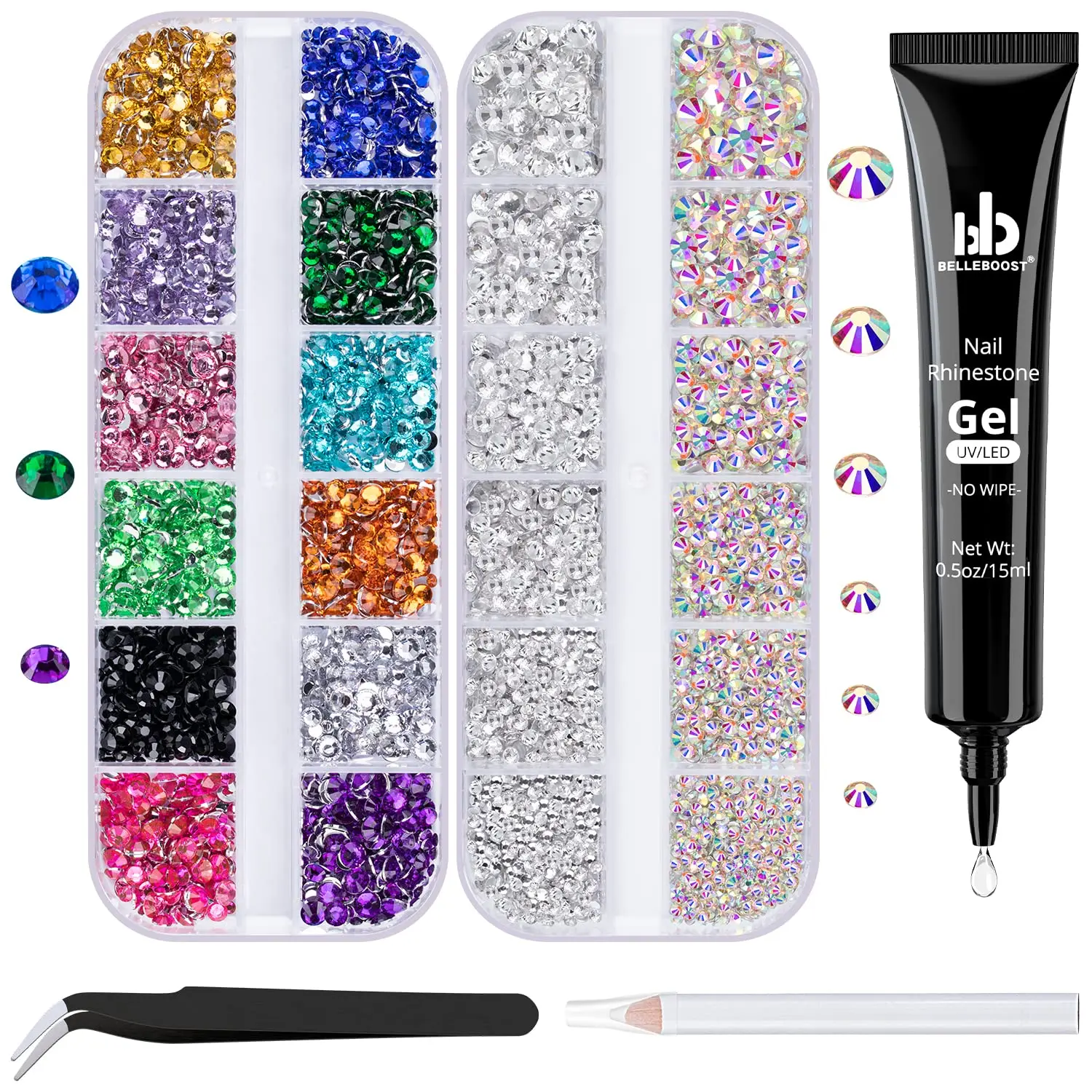 

Nail Art Rhinestone Kit, 15ml No Wipe Rhinestone Gel Glue + Colorful Gems + Crystal AB & Clear Gemstones with Pickup Tools for