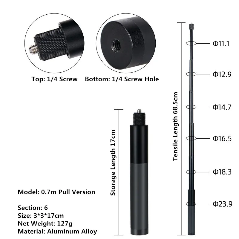Unsichtbarer Selfie-Stick für GoPro 13 12 11 10 9 8 Insta360 X5 X4 X3 X2 1/4 Zoll verlängerter Einbeinstativstange für Sportkamera-Zubehör