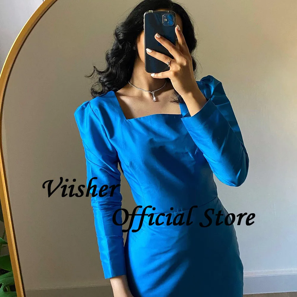 Visher blau Meerjungfrau Abendkleider Langarm Vierkant falten Tüll Abschluss ball Party kleid Tee Länge Dubai Arabisch Abendkleid