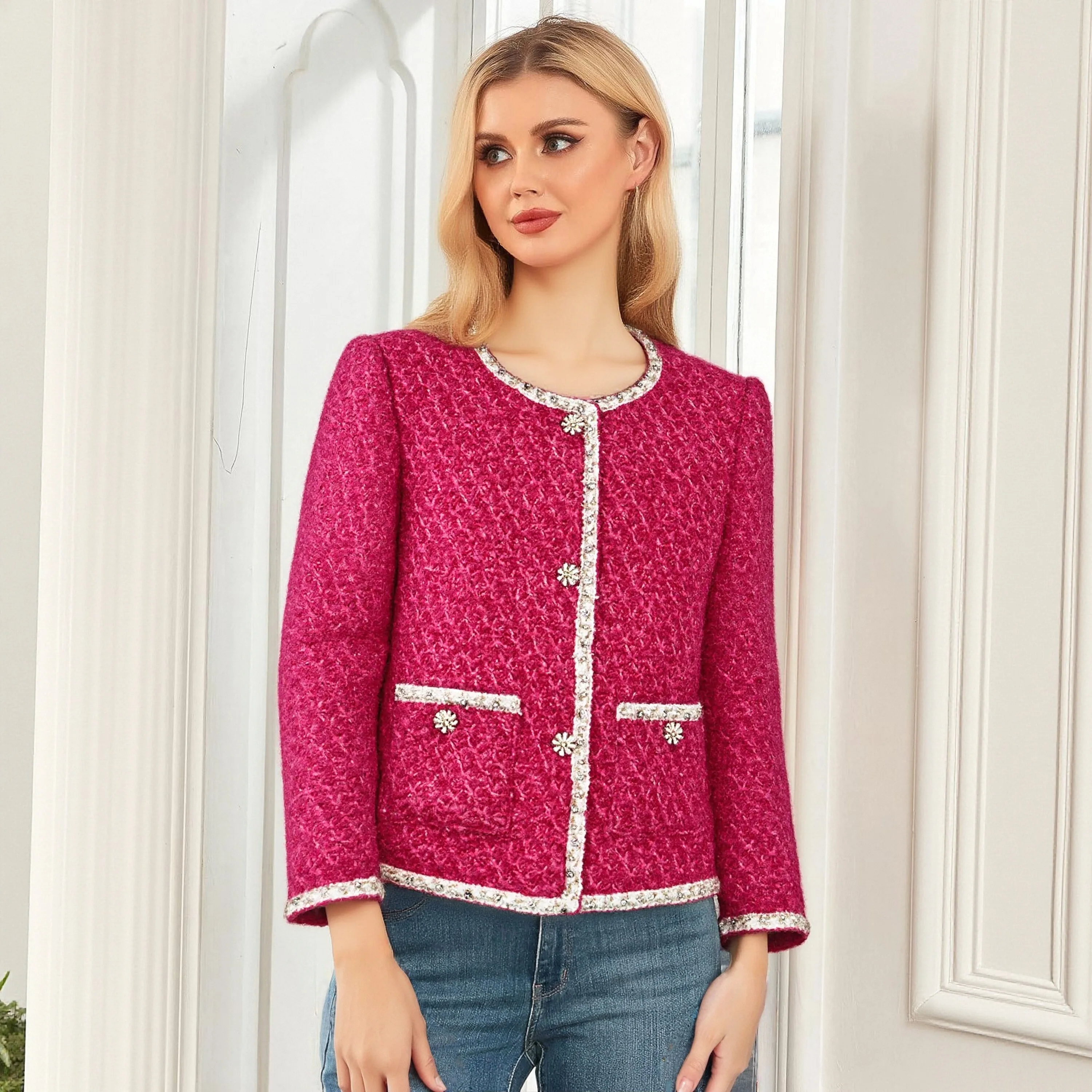 

Elegant Rose Red Single-Breasted Jacket, High-End Fashion, Old-Fashioned, Round Neck, Small Fragrance Design, Celebrity Style