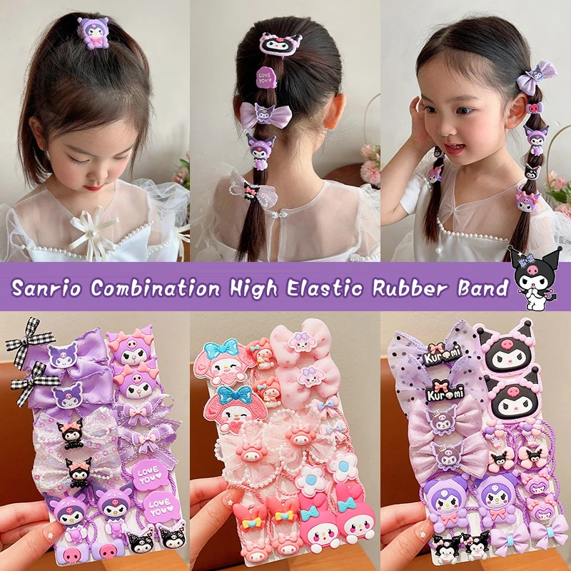 16/18Pcs Kawaii Sanrio Kuromi Stretch Bow Hair Tie For Kids My Melody Double Ponytail Leather Band Hair Accessories Student Gift