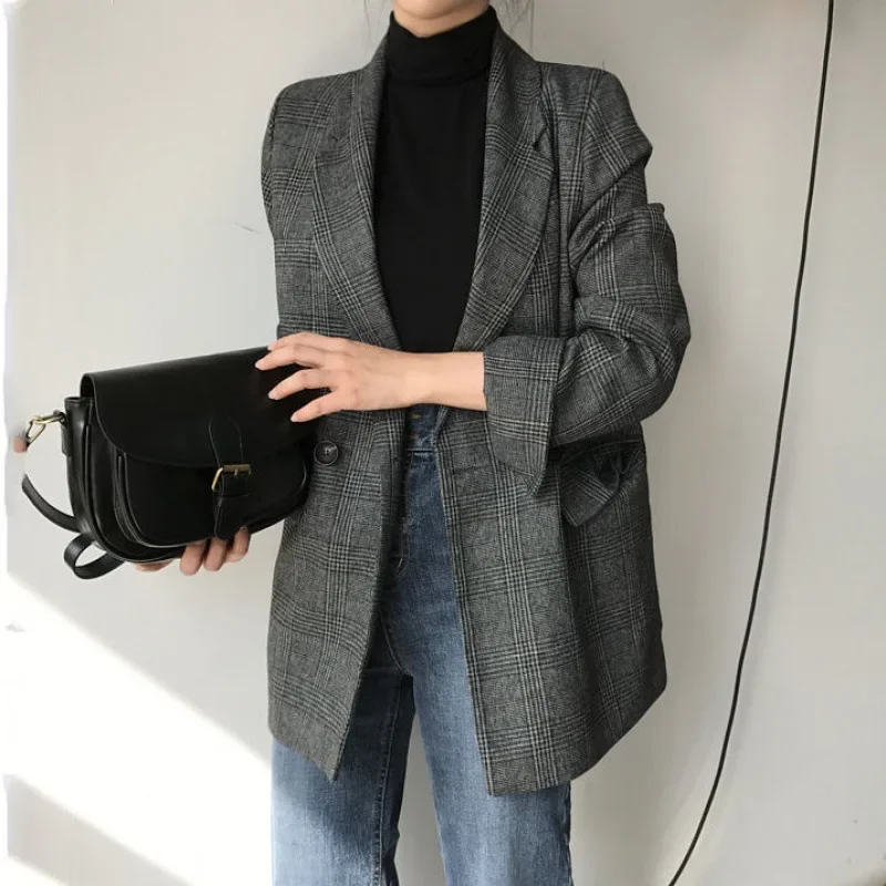 Women Winter Plaid Blazers Coats Korean Fashion Elegant Solid Thick Jacket Female Double Breasted Office Lady Long Overcoat